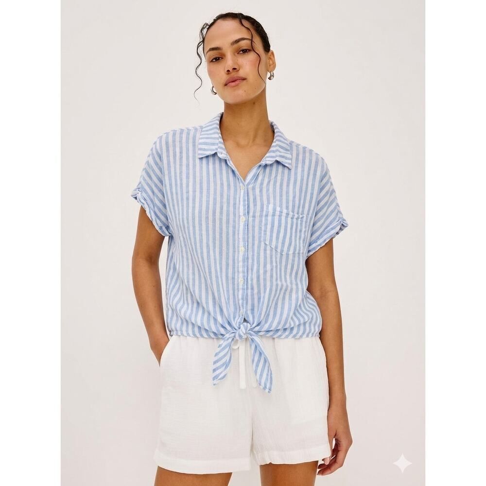 Old Navy Linen Blend Striped Tie Front Shirt XXL Coastal Summer Top Relaxed Fit